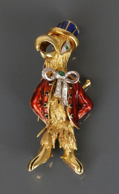 Parrot-shaped pendant brooch in yellow gold...