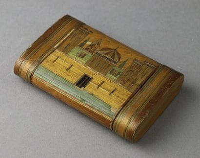 An oblong straw marquetry box with polychrome...