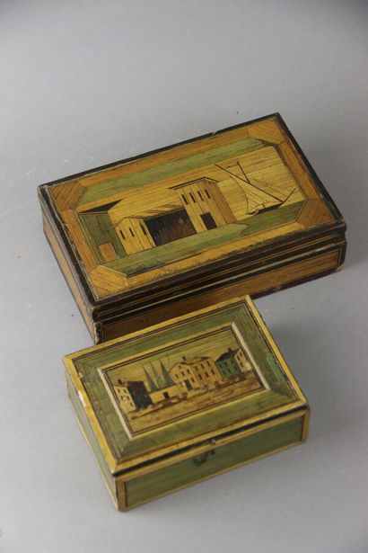 A polychrome straw marquetry sewing set decorated...
