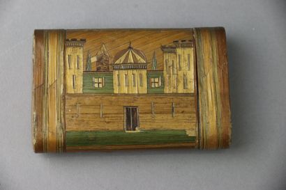 An oblong straw marquetry box with polychrome...