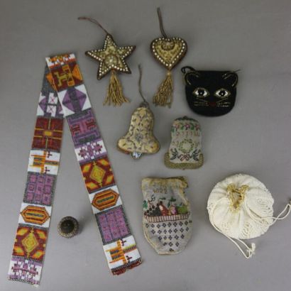 Two polychrome pearl purses, one dated 1822...