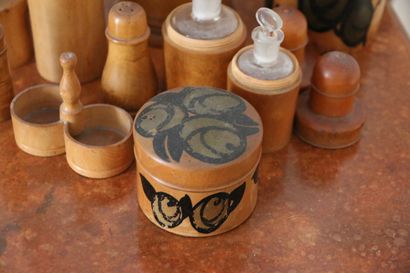 Nine boxwood boxes, two of which are painted...