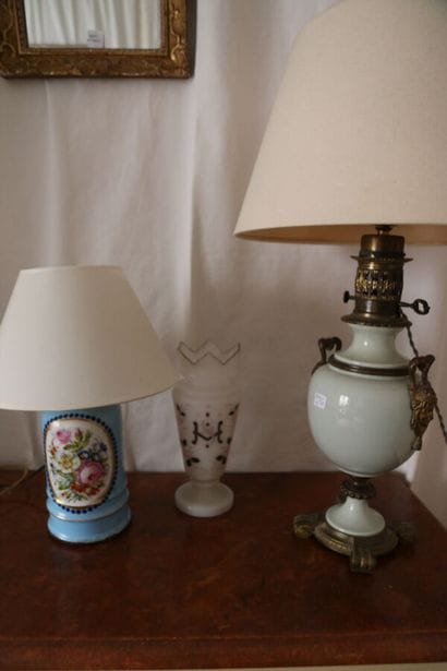 White porcelain oil lamp, brass trim, two...
