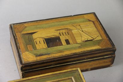 Two rectangular straw marquetry boxes, one...