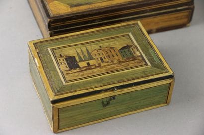 Two rectangular straw marquetry boxes, one...