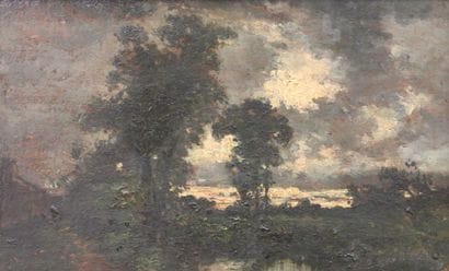 19th century FRENCH SCHOOL,
Pond at dusk,
Oil...