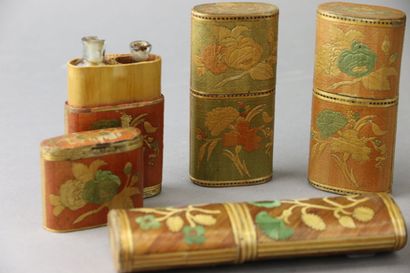 Three polychrome straw marquetry perfume...