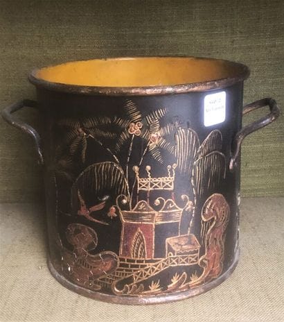 Enameled sheet metal cache-pot with Chinese...
