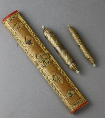 Two straw marquetry needle cases with ivory...