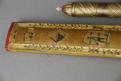 Two straw marquetry needle cases with ivory...