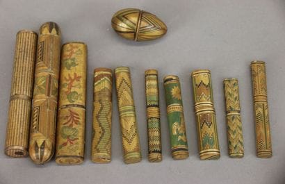 Set of eight straw marquetry needle cases...