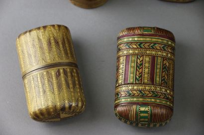 5 polychrome straw marquetry cases decorated...