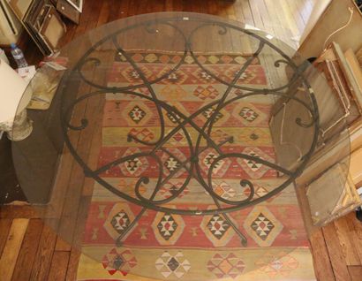 Round table, glass top, wrought-iron scrolled...