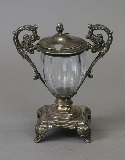 Covered mustard pot in 950°/°° silver, the...
