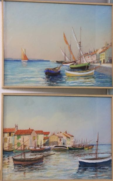 REGNIER (20th century)
Sailing boats at quay.
Two...