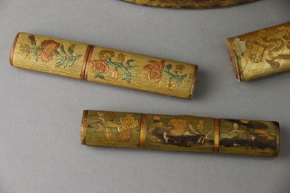 Three polychrome straw marquetry cases, two...