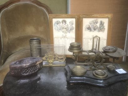 Scales, a brass socket, a glass and brass...