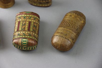5 polychrome straw marquetry cases decorated...