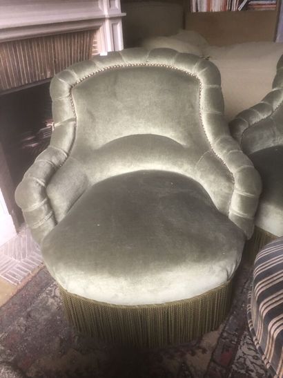 Two toadstool armchairs, green velvet upholstery.
19th...