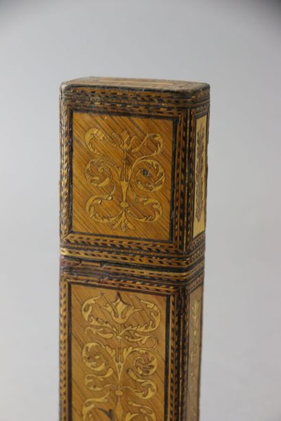 A straw marquetry travel cutlery case decorated...