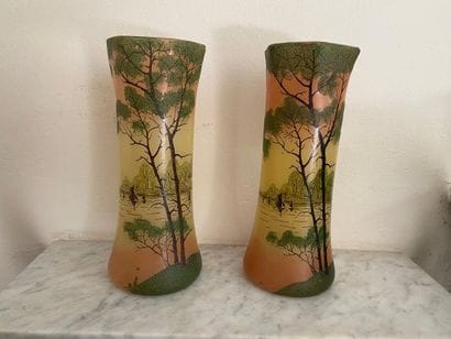 Pair of glass scroll vases decorated with...