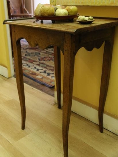 Natural wood side table, scalloped belt,...