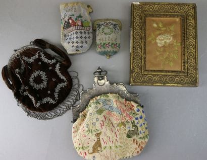 Two polychrome pearl purses, one dated 1822...