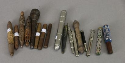 Set of 3 needle cases in carved corozo wood,...