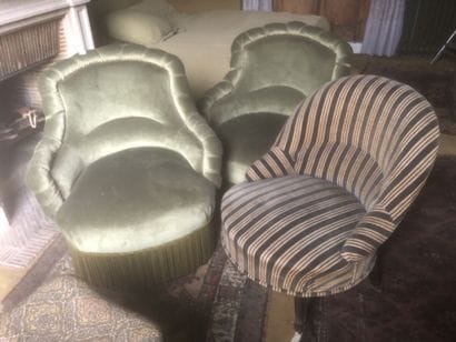 Two toadstool armchairs, green velvet upholstery.
19th...