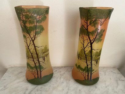 Pair of glass scroll vases decorated with...