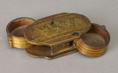 A straw marquetry two-compartment pill box,...