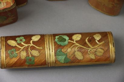 Three polychrome straw marquetry perfume...