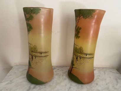 Pair of glass scroll vases decorated with...
