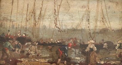 19th century SCHOOL. 
Lively harbor scene,...