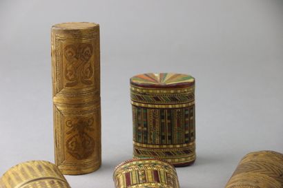 5 polychrome straw marquetry cases decorated...