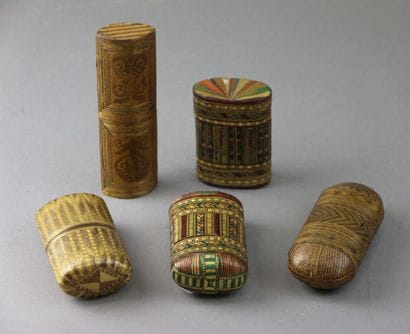 5 polychrome straw marquetry cases decorated...