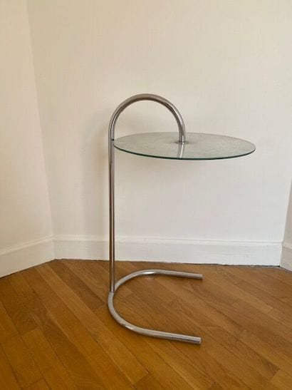 Contemporary pedestal table, chrome-plated...