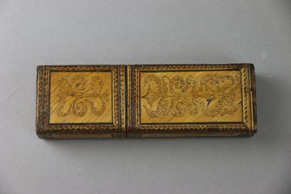 A straw marquetry travel cutlery case decorated...