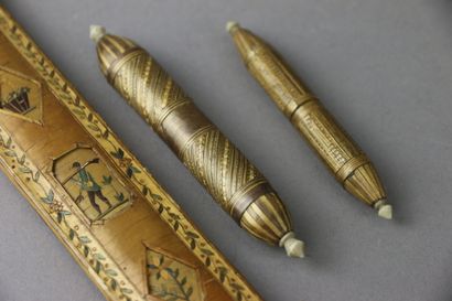 Two straw marquetry needle cases with ivory...