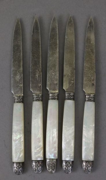 5 fruit knives, mother-of-pearl handle, silver...