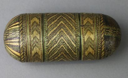 An oblong straw marquetry box with polychrome...