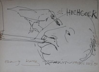 Two pencil caricatures of Hitchcock, Marcel...