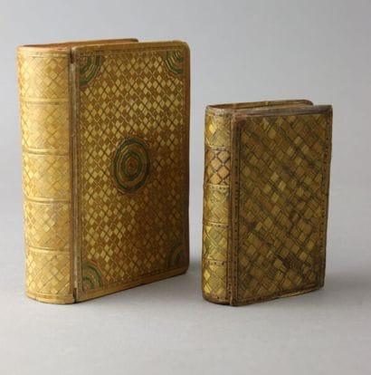 Two book-shaped ladies' work boxes in polychrome...