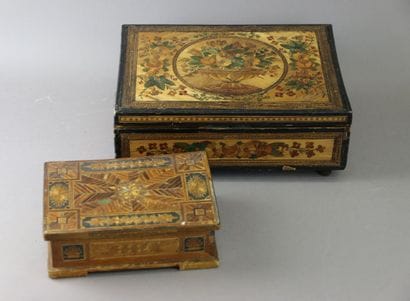 A polychrome straw marquetry sewing set decorated...