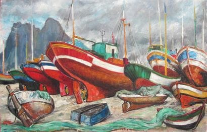 Louis TEICHER (1916-). 
Boats in Alicante,
Oil...