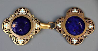 Gilt metal four-lobed cloak buckle with enameled...