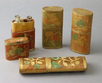 Three polychrome straw marquetry perfume...