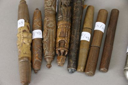 Set of 3 needle cases in carved corozo wood,...