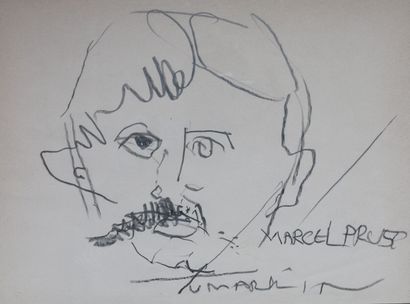 Two pencil caricatures of Hitchcock, Marcel...