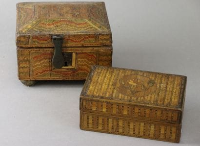 A polychrome straw marquetry box with a stepped...